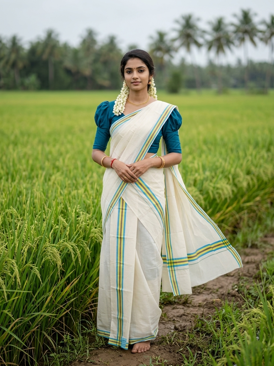 Southloom Pure Cotton Kerala Single Mulloth Set Mundu (Mundum Neriyathum) Blue & Yellow Border in 2.50 mtrs SL243