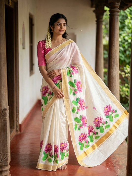 Southloom Cotton Kerala Kasavu Saree with Hand Painted Embroidery Lotus Design SL289