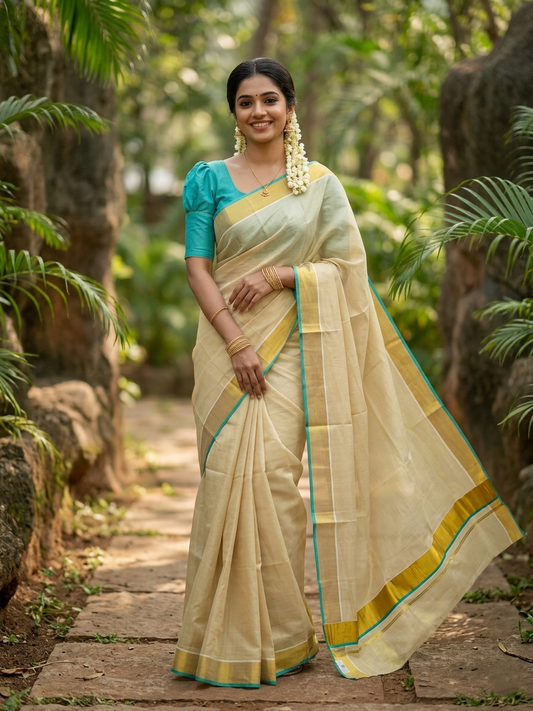 Southloom Kerala Tissue Kasavu Plain Saree With Turquoise Border