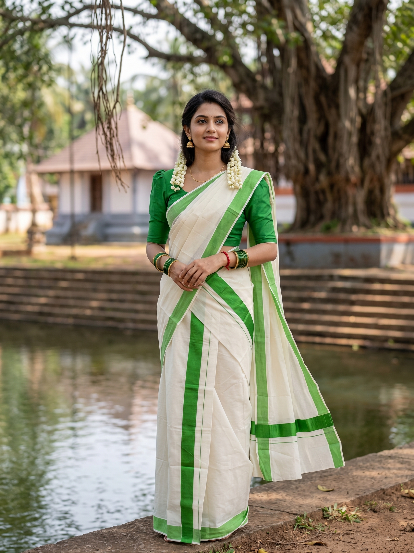 Southloom Kerala Cotton Set Mundu (Mundum Neriyathum) with Kasavu and Green Border