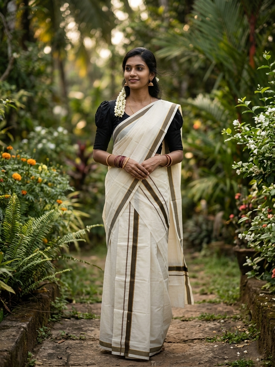 Pure Cotton Kerala Single Set Mundu (Mundum Neriyathum) with Black Kasavu Border in 2.80 Mtrs