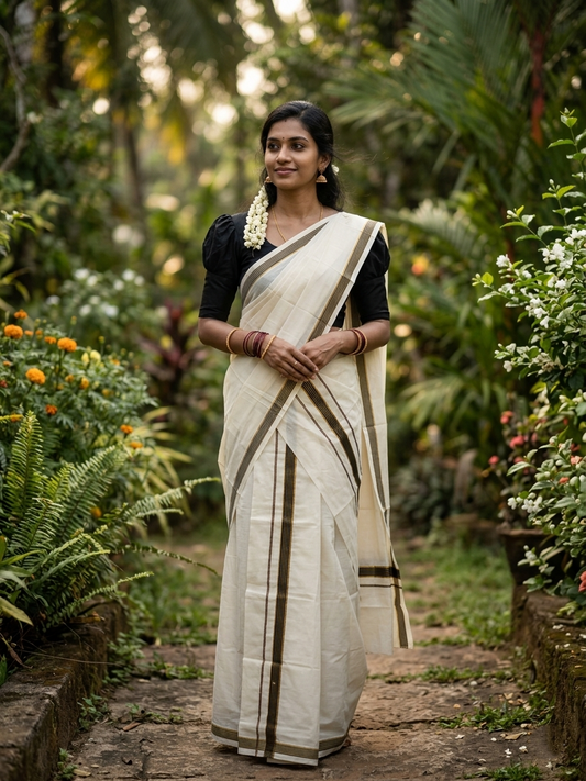Pure Cotton Kerala Single Set Mundu (Mundum Neriyathum) with Black Kasavu Border in 2.80 Mtrs SL394