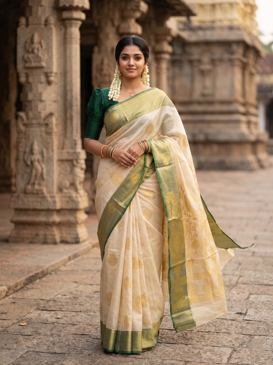 Southloom  Kerala Tissue Kasavu Heavy Work Saree with Peacock Design And Green Border SL483