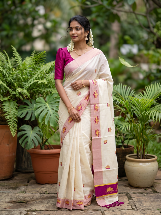 Southloom Kerala Tissue Kasavu Saree with Magenta And Golden Lotus Embroidary Designs on Body SL273