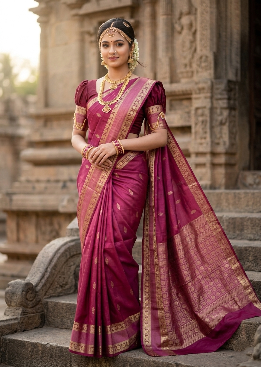 Southloom Pure Handloom Bridal Kanchipuram Silk Saree with Korvai Work