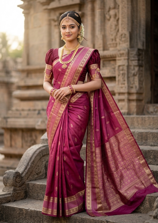 Southloom Pure Handloom Bridal Kanchipuram Silk Saree with Korvai Work