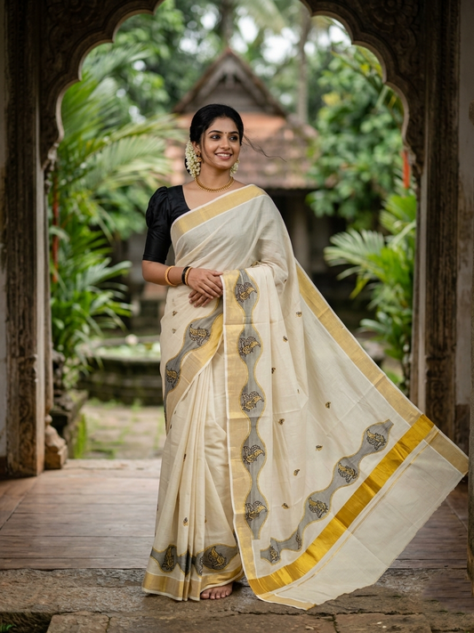 Southloom Tissue Kerala Kasavu Saree with Embroidery Design