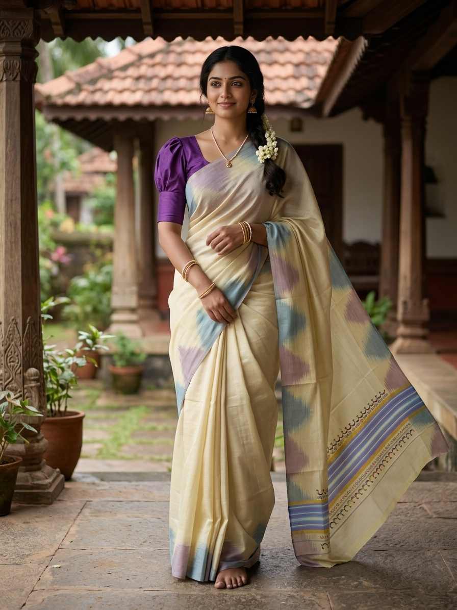 Southloom Kerala Tissue Kasavu Saree with Multi Colour Pochampally Design on Borders and Kara
