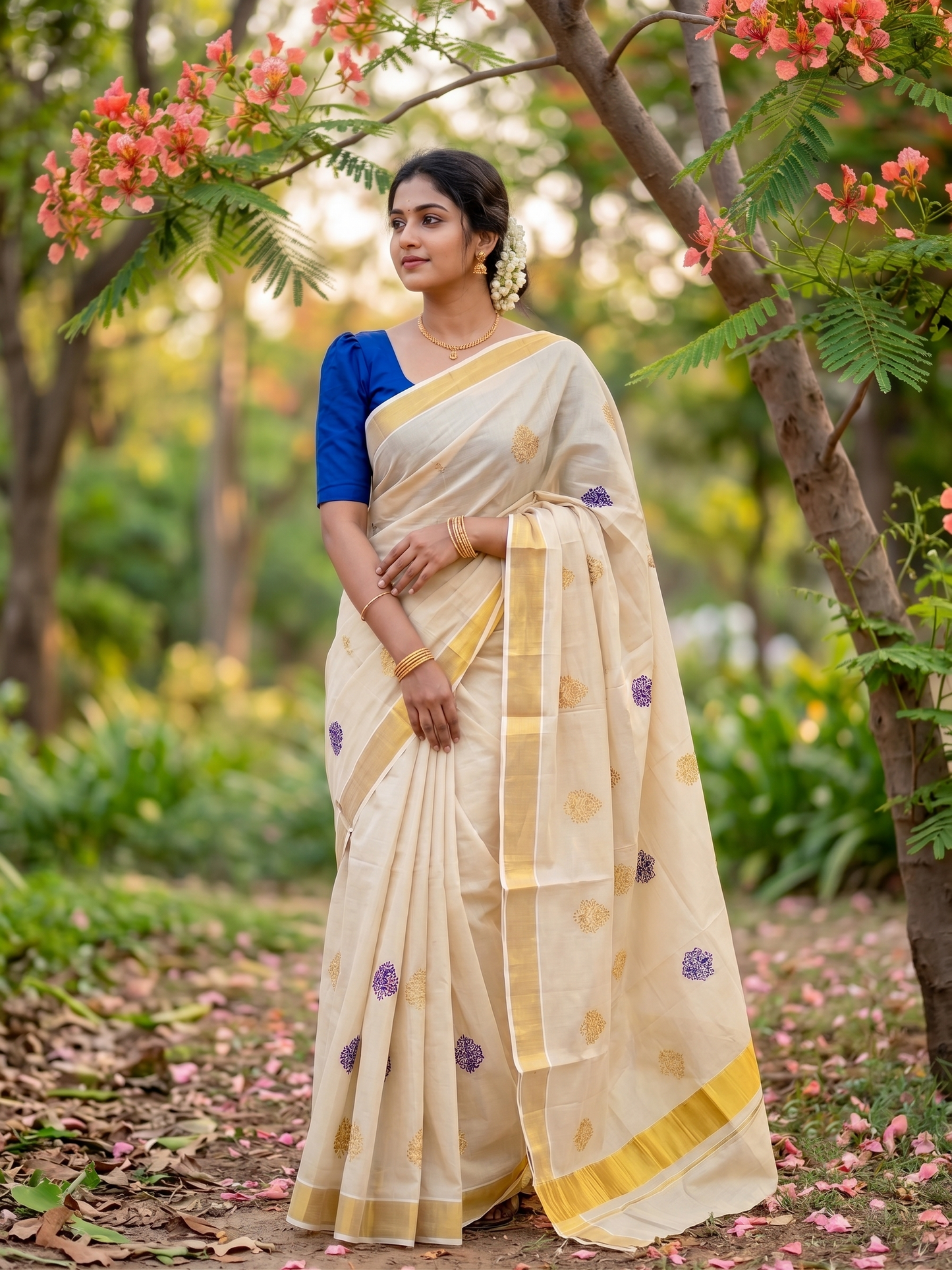 Southloom Kerala Tissue Kasavu Saree with Gold And Blue Floral Embroidery Work on Body