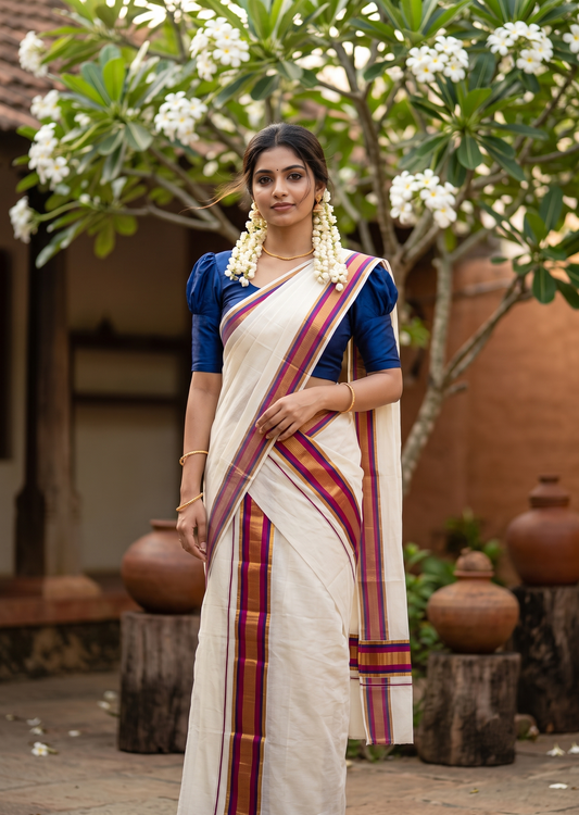 Kerala Cotton Set Mundu (Mundum Neriyathum) with Kasavu and Dark Pink& Blue Border in 2.80 Mtrs SLKK SL470