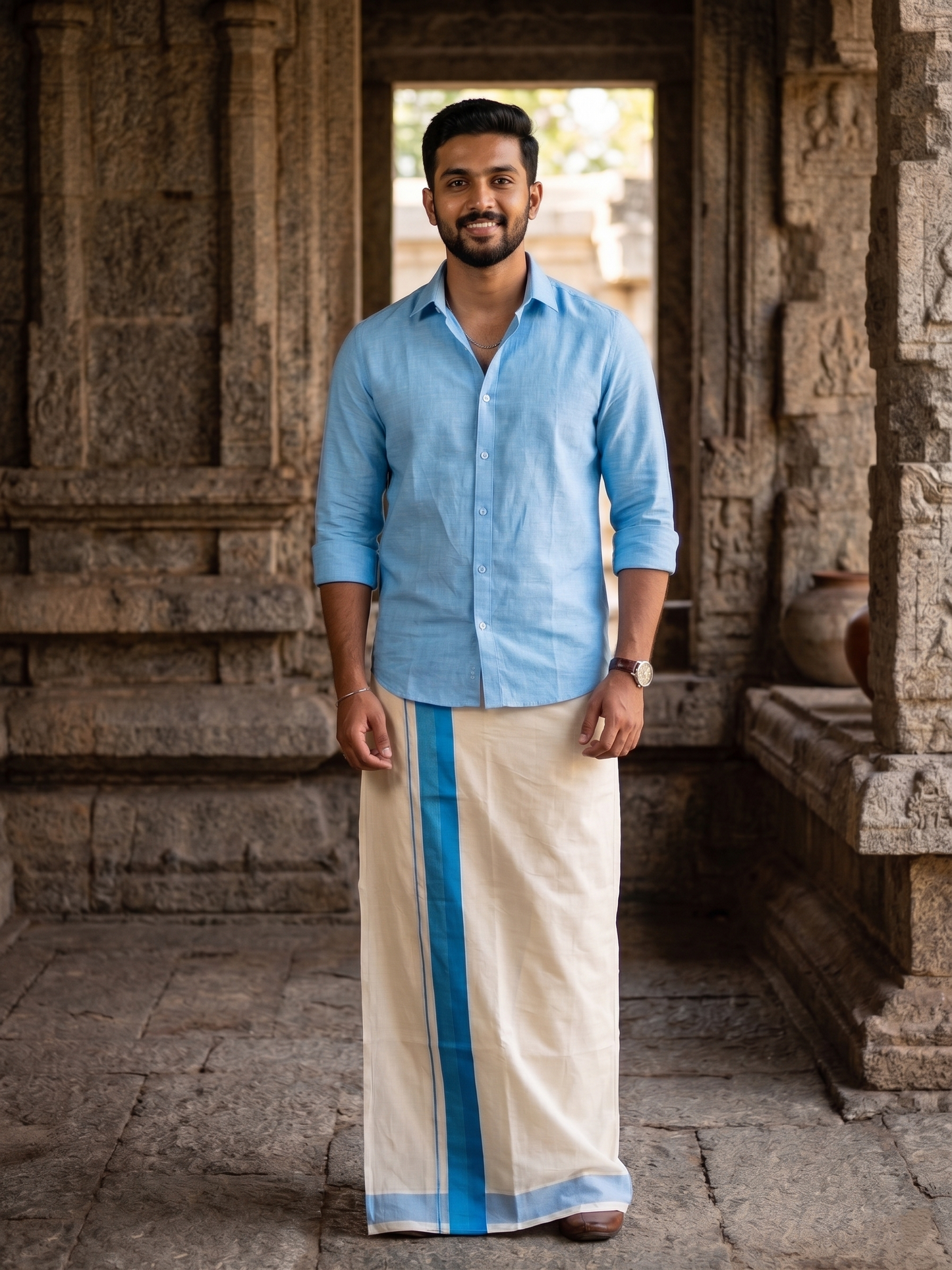 Southloom Kerala Pure Cotton Double Mundu with Silver Lines & Blue Border (South Indian Dhoti)