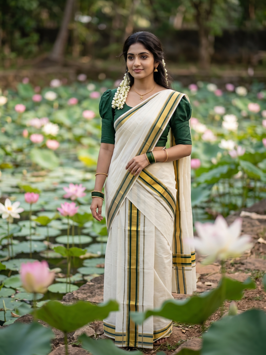 Southloom Pure Cotton Kerala Set Mundu (Mundum Neriyathum) Single with Dark Green and Kasavu Border 2.80 Mtrs SLKK
