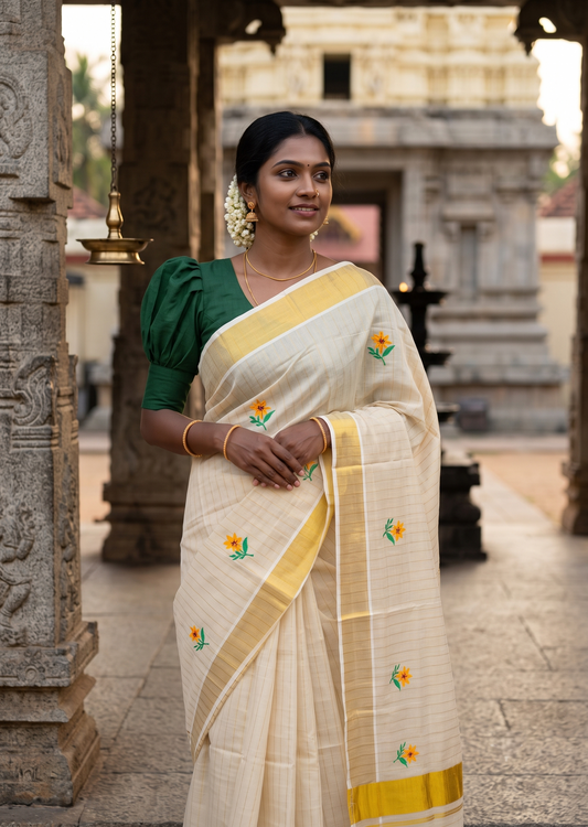 Southloom Kerala Tissue Yellow And Green Floral Embroidery Design on the Body With Gold Kasavu