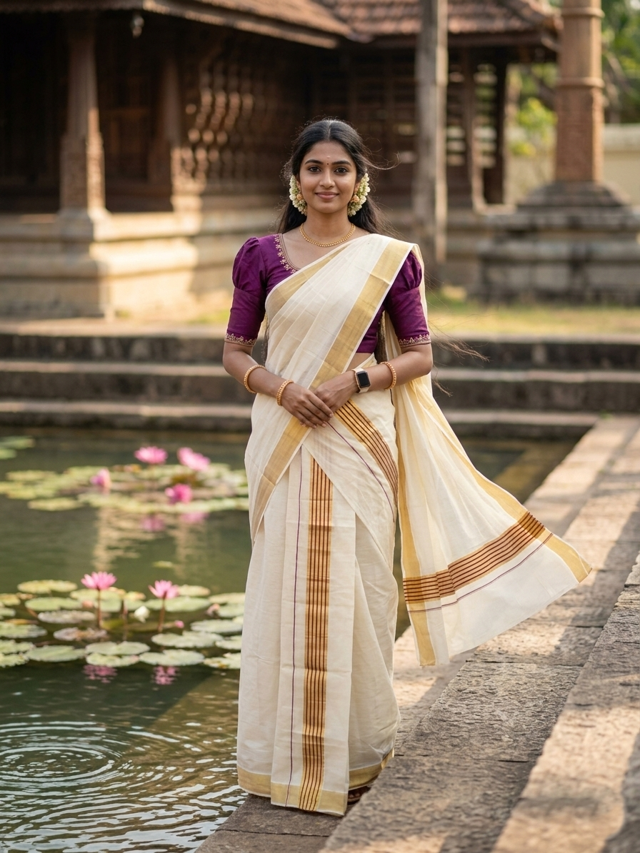 Southloom Pure Cotton Kerala Kasavu Set Mundu (Mundum Neriyathum) Kasavu & Purple Border in 2.80 Mtrs
