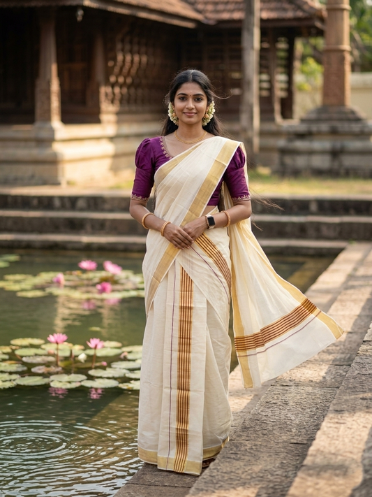 Southloom Pure Cotton Kerala Kasavu Set Mundu (Mundum Neriyathum) Kasavu & Purple Border in 2.80 Mtrs