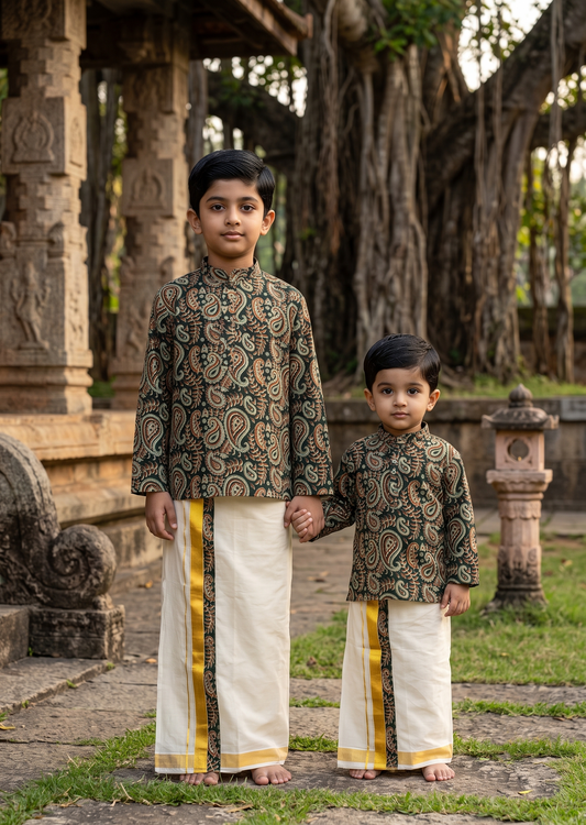 Southloom Cotton Ajrakh Printed Kids's Combo (Shirt + Velcro Mundu) SLKCOMBO SL605