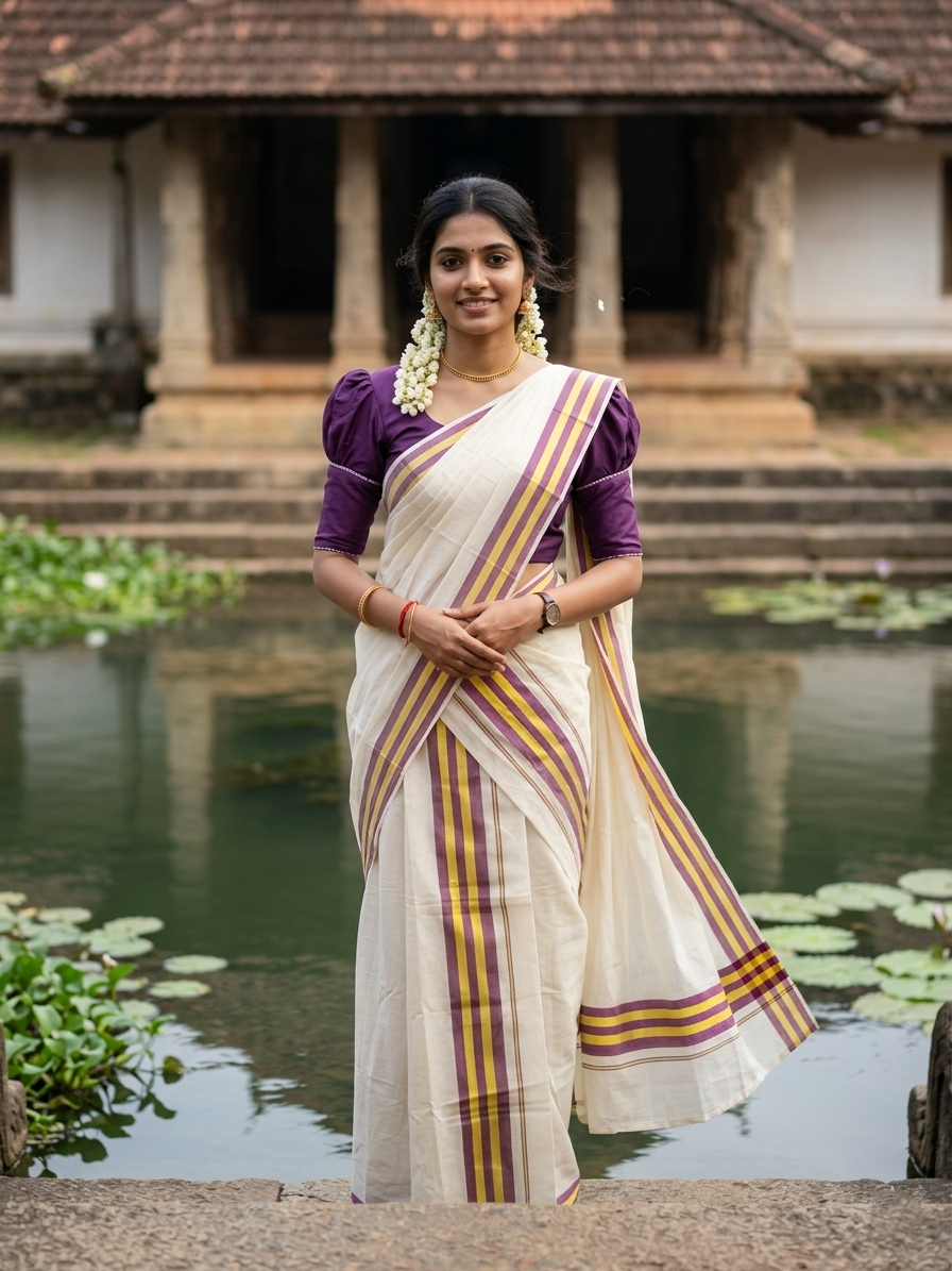 Southloom Pure Cotton Kerala Single Mulloth Set Mundu (Mundum Neriyathum) Purple & Yellow Border in 2.80 mtrs SL243