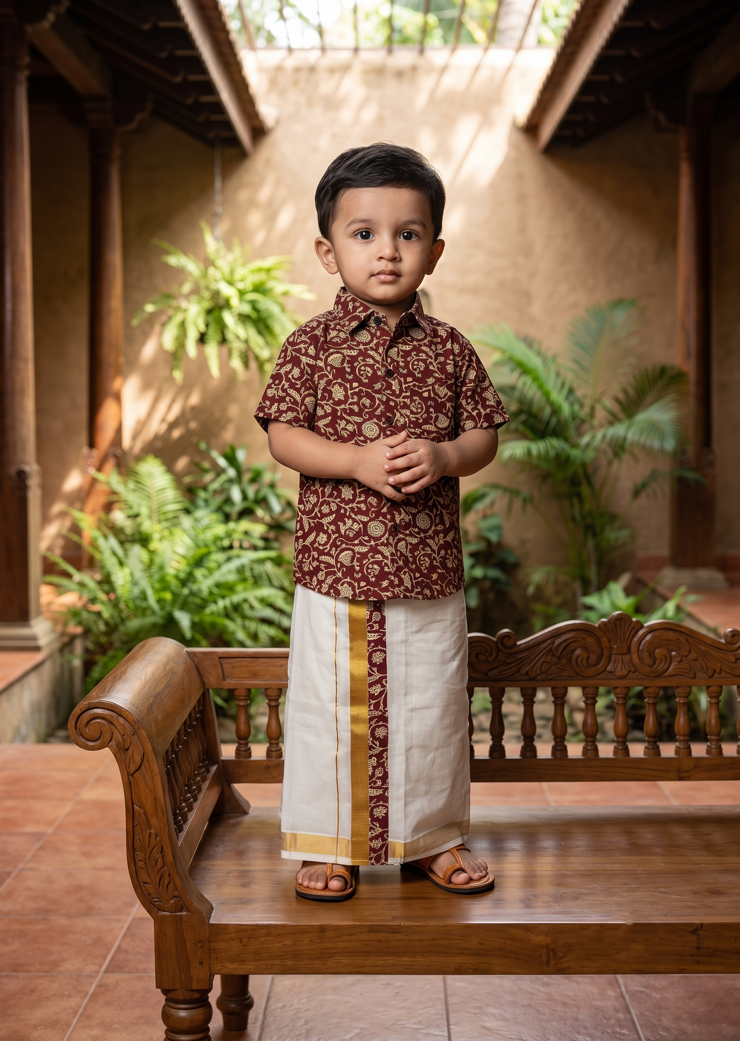 Southloom Cotton Floral Printed Kids's Combo (Shirt + Velcro Mundu) SLKCOMBO