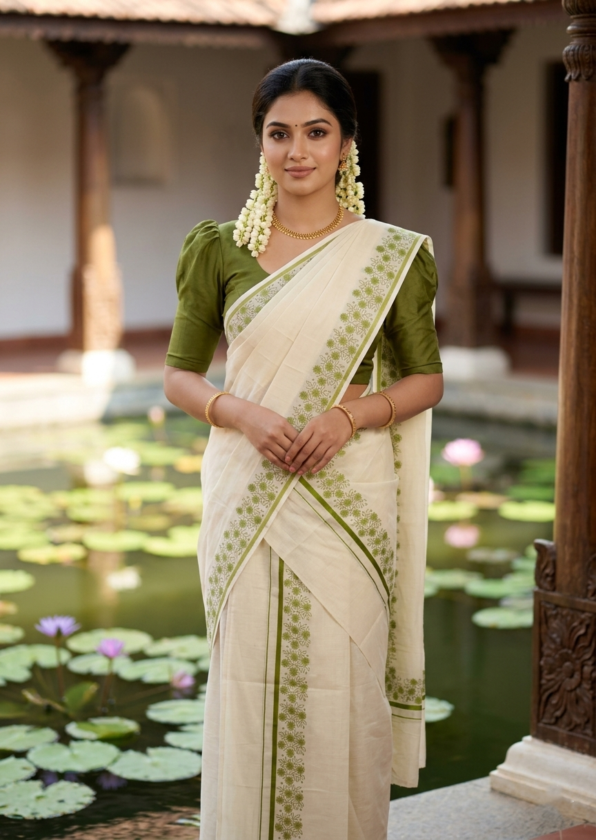 Southloom Cotton Single Set Mundu (Mundu Neriyathum) With Floral Digital Print in Olive Green 2.80 Mtrs SL440