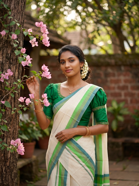 Southloom Kerala Mulloth Cotton Single Mundum Neriyathum with Multicolor Border In 2.80 Mtrs SL243