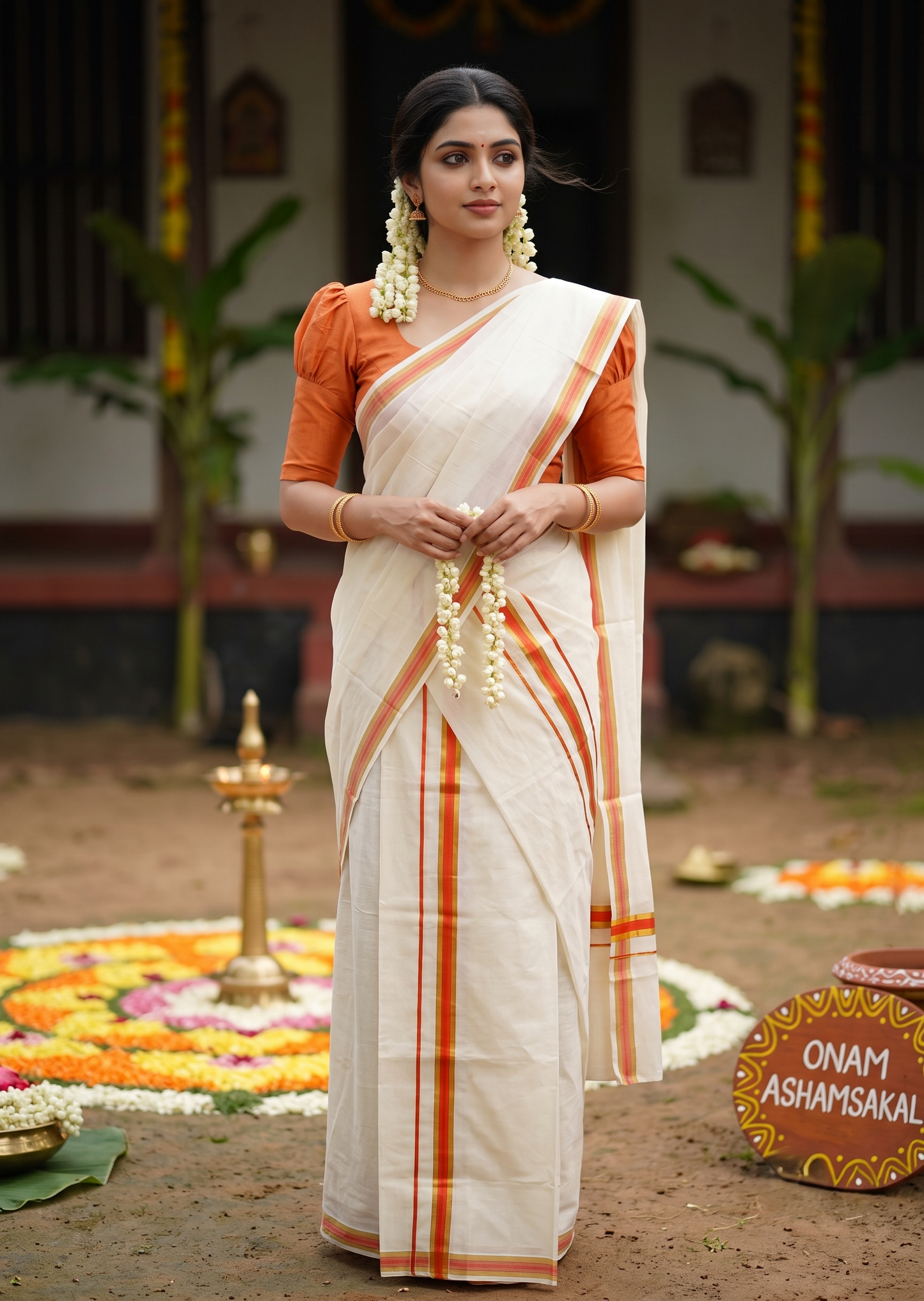 Southloom Kerala Cotton Mundum Neriyathum Single (Set Mundu) with Kasavu and Orange Border 2.80 Mtrs SLKK