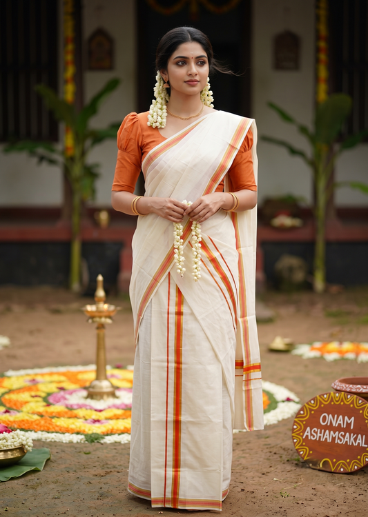 Southloom Kerala Cotton Mundum Neriyathum Single (Set Mundu) with Kasavu and Orange Border 2.80 Mtrs SLKK