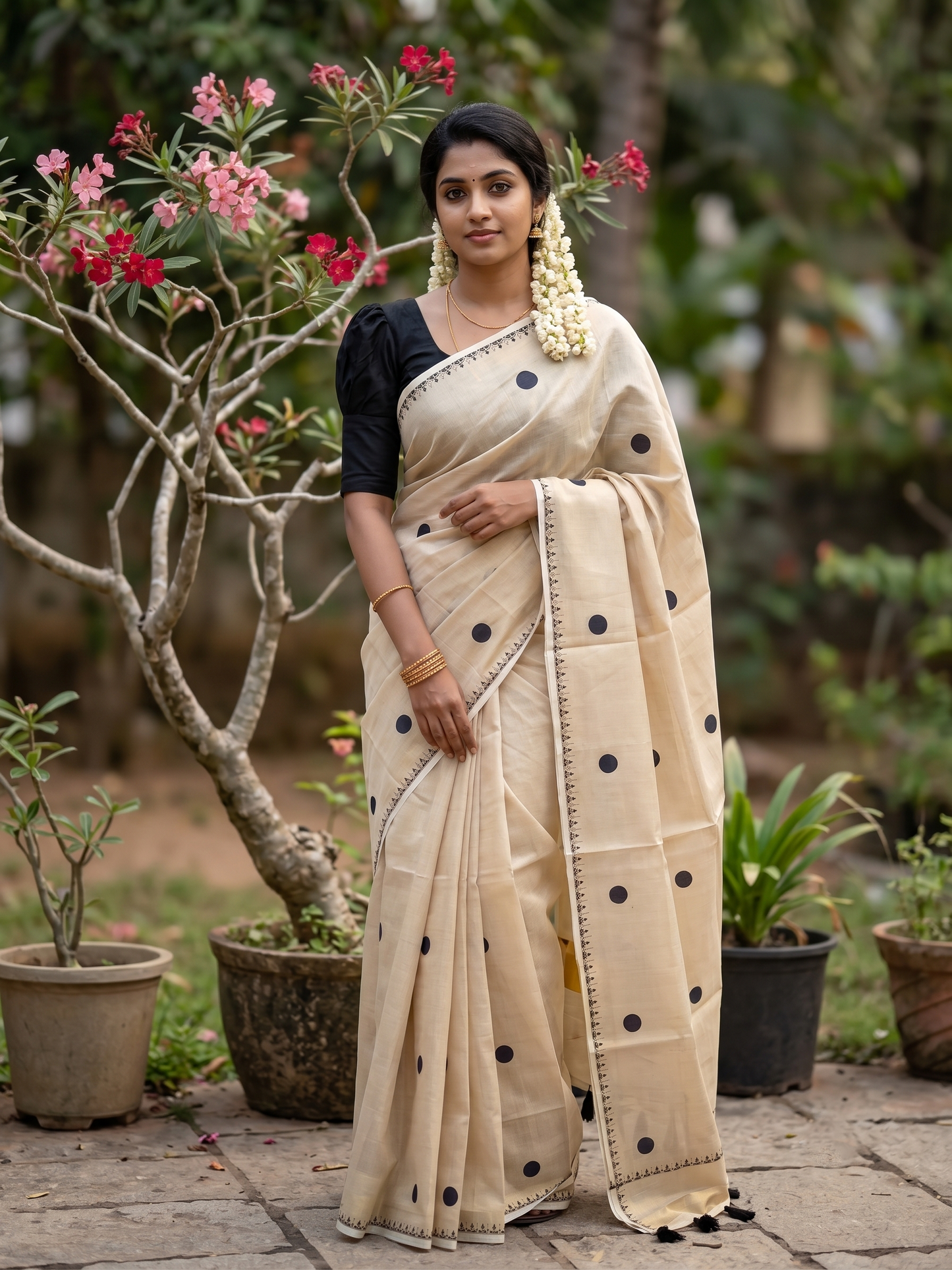 Southloom Kerala Tissue Kasavu Plain Saree with Black Polka Dots On Body SL537