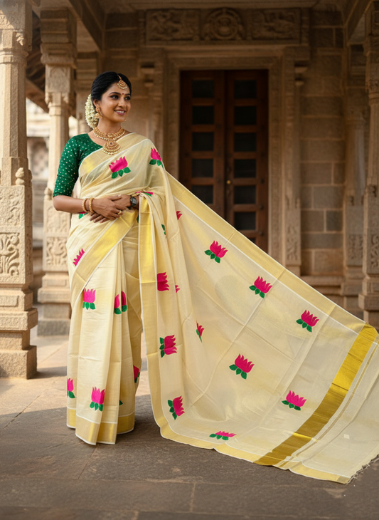Southloom Lotus Pink and Green Embroidery Tissue Kerala Saree