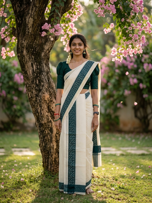 Kerala Cotton Single Set Mundu (Mundum Neriyathum) with Green Block print Border 2.80Mtrs