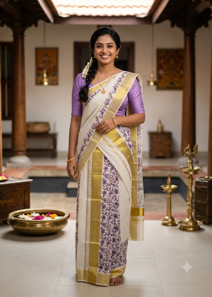 Southloom Kerala Check Pure Cotton Set Mundu with Gold Kasavu And Block Prints Across Body SL563