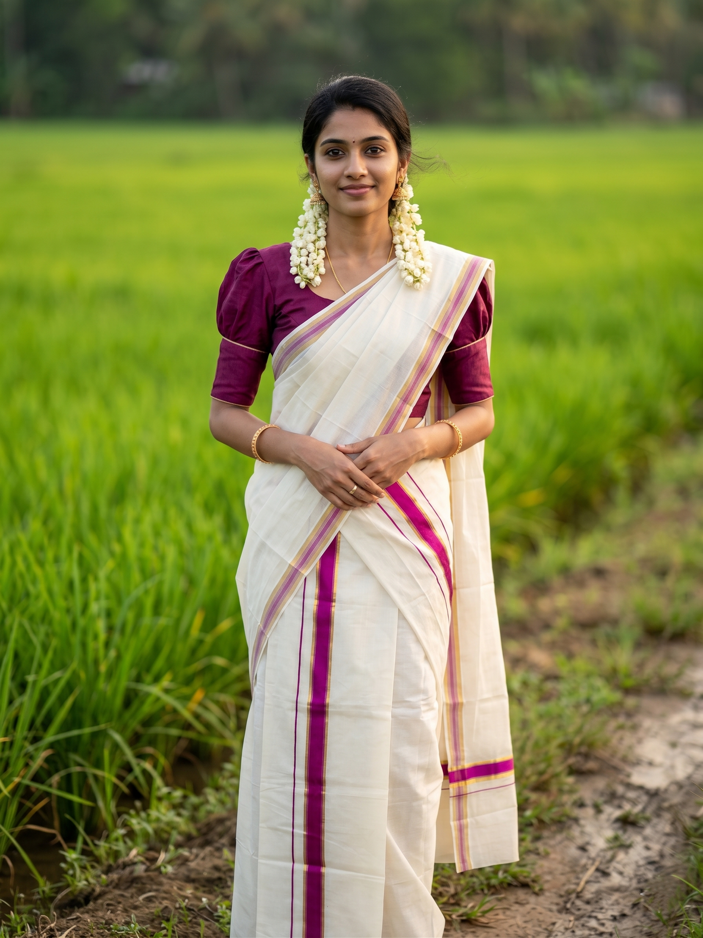 Kerala Cotton Set Mundu (Mundum Neriyathum) with Kasavu and Magentha Border