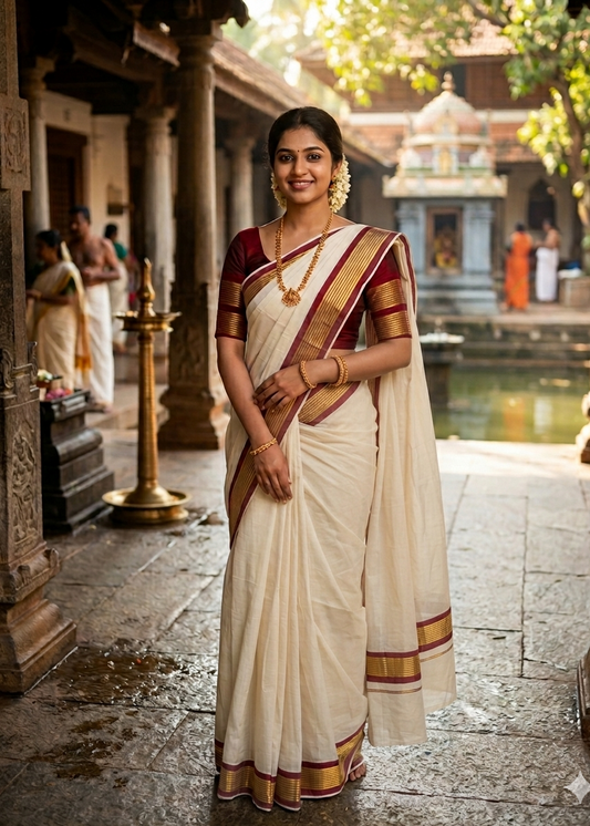 Kerala Cotton Saree With Maroon And Gold Lines On Border SL430