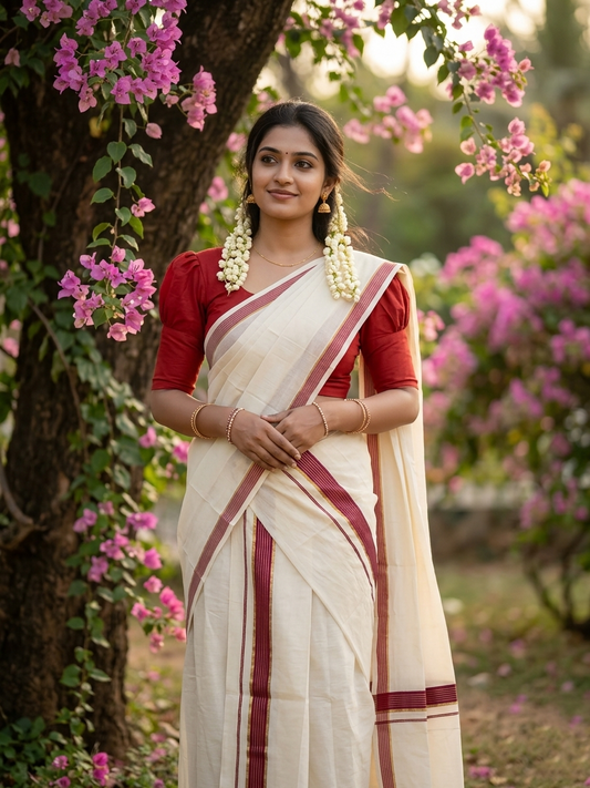 Pure Cotton Kerala Single Set Mundu (Mundum Neriyathum) with Magenta Kasavu Border in 2.80 Mtrs SL394