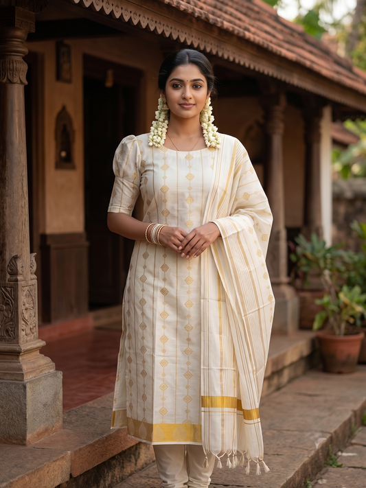 Southloom™ Cotton Churidar Salwar Suit Unstiched Material with Woven Design (include Lines Shawl / Dupatta)