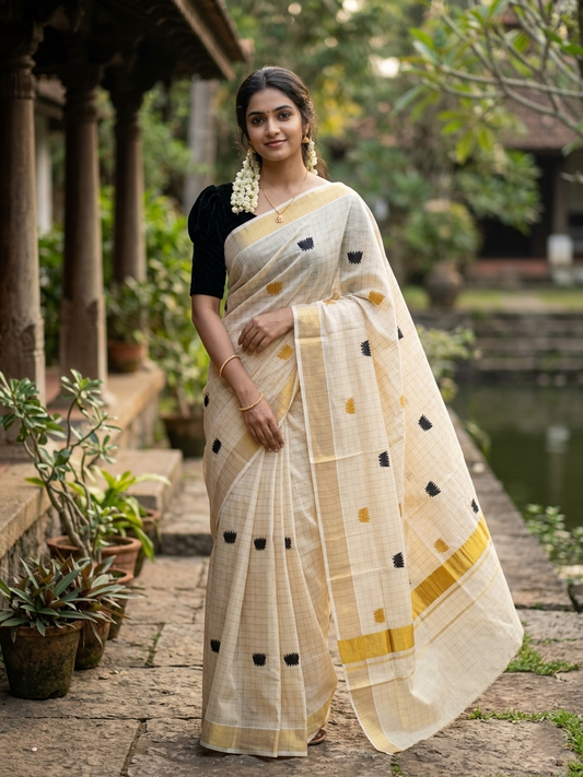 Southloom Kerala Tissue Kasavu Check Saree with Black Lotus Embroidery Works