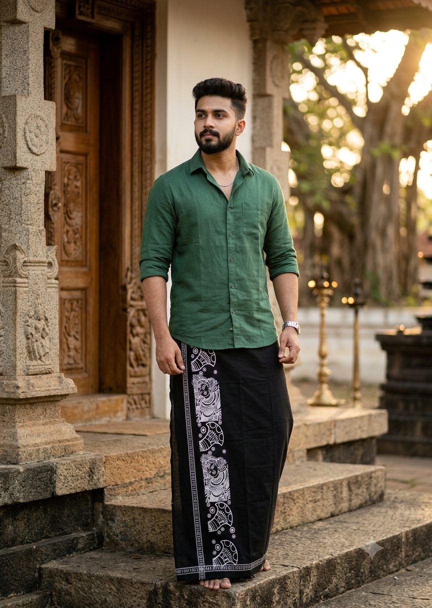 Southloom Black Printed Single Mundu / Otta Mundu / Lungi (South Indian Kerala Dhoti)