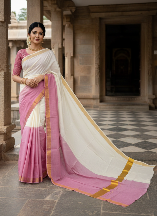 Southloom Tie and Dye Multi Colour Purple Kasavu Saree