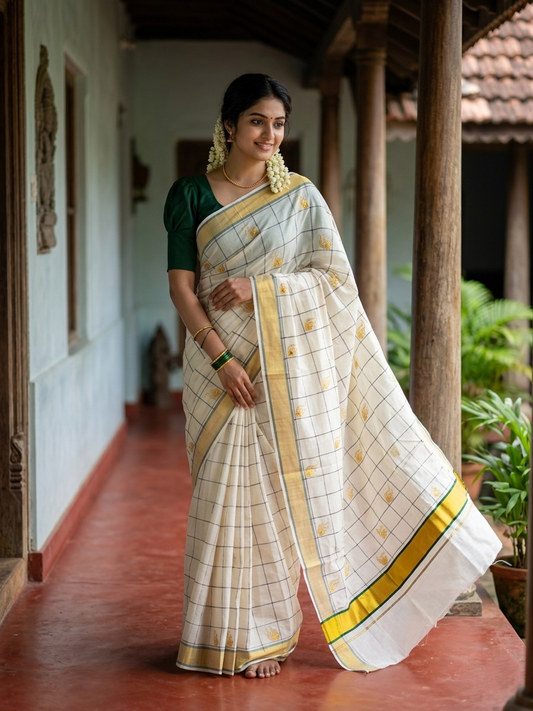 Southloom Cotton Kerala Kasavu Check Saree with Peacock Feather Embroidery Design in Green