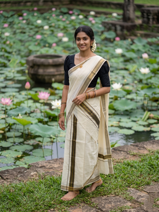 Pure Cotton Kerala Single Set Mundu (Mundum Neriyathum) with Black and Kasavu Border 2.80 Mtrs SLKK SL470
