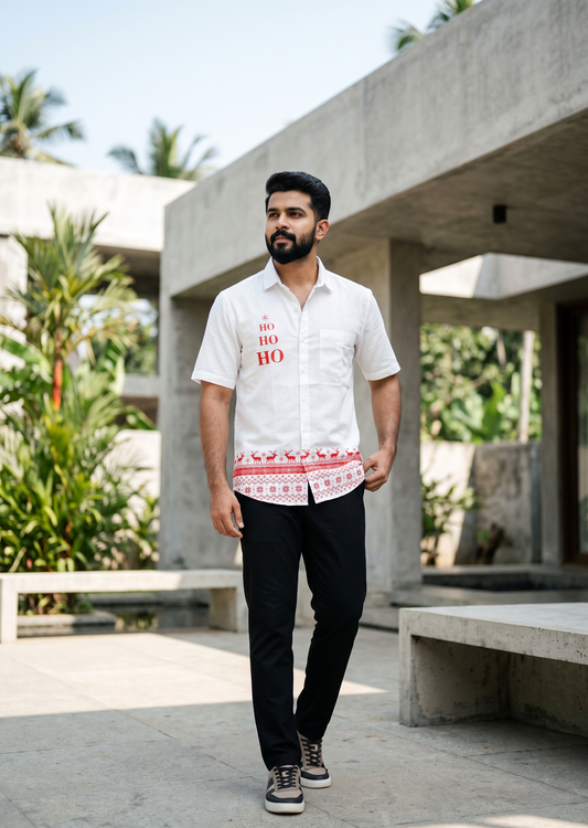 Southloom Ethinic Shirt With Christmas Printed for Men in Off white Half Sleeve