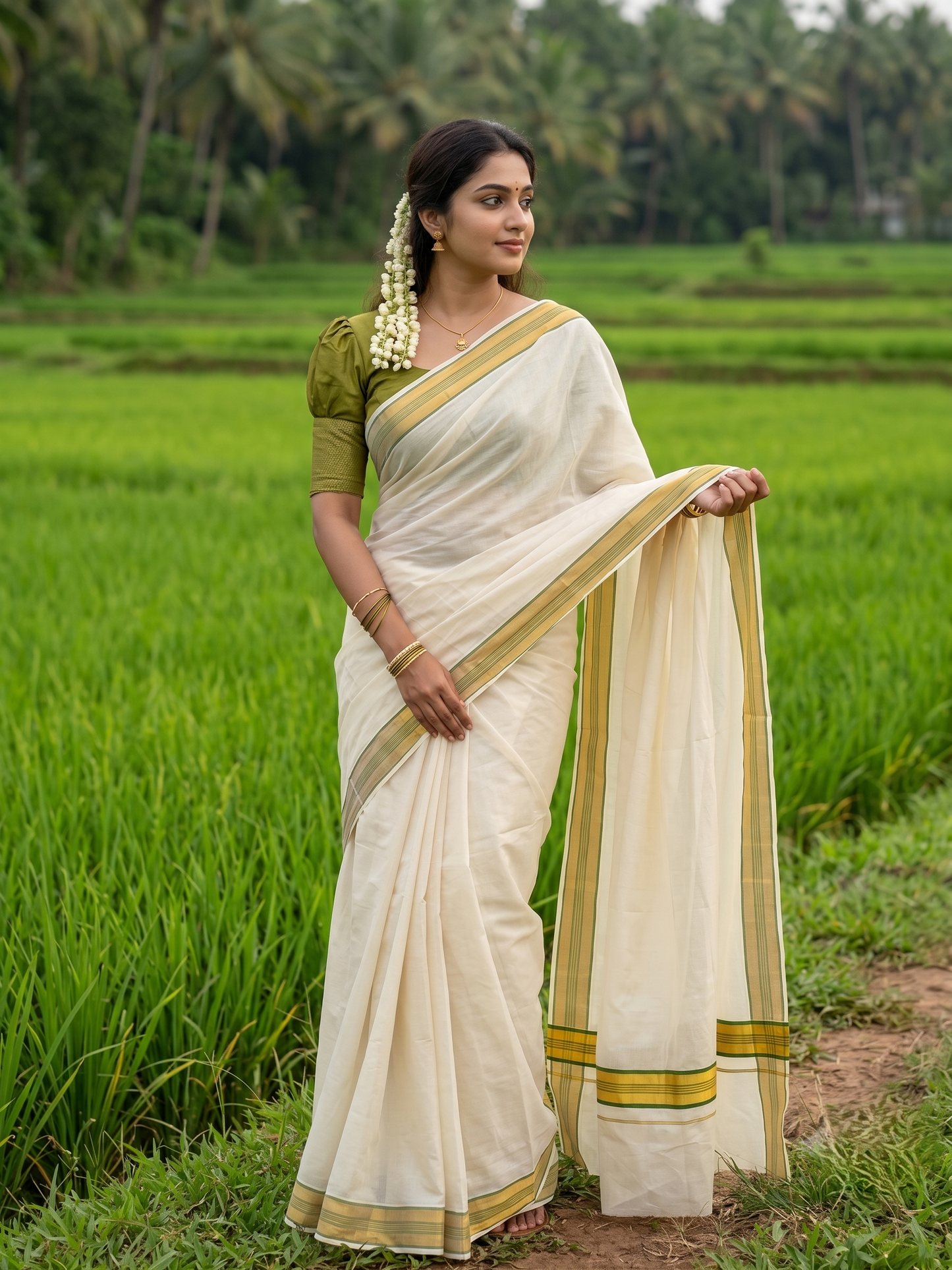 Southloom Kerala Cotton Kasavu Saree with Olive Green Border