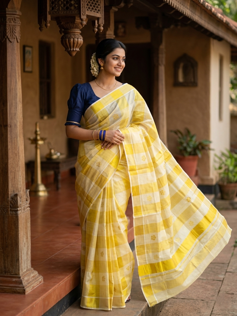 Kerala Tissue Kasavu Stripes Saree with Golden Floral Embroidery Designs on Body and Pallu