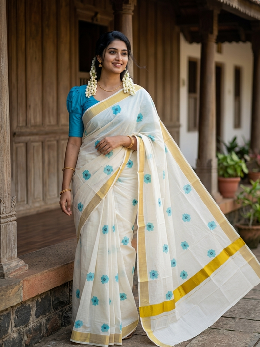Southloom Exclusive Onam Kasavu Saree with Small Blue Floral High Quality Digital Print Across Body (Matching Printed Blouse Included)
