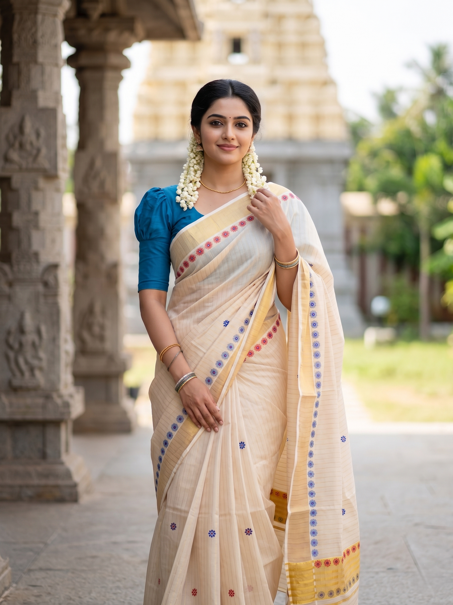 Southloom Tissue Kerala Kasavu Saree with Floral Digital Print on Body and Border in Peacock Blue & Red SL496