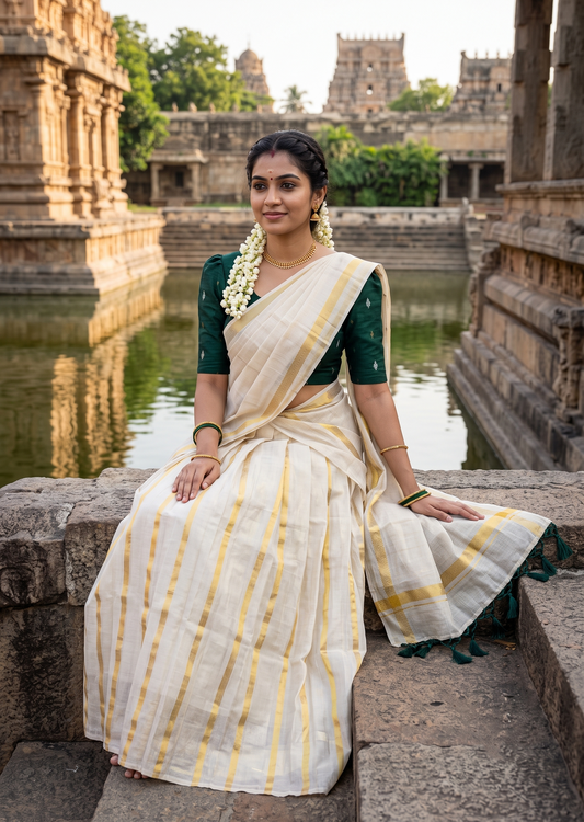 Southloom Semi Stitched Tissue Dhavani Set with Pavada and Green Blouse Piece