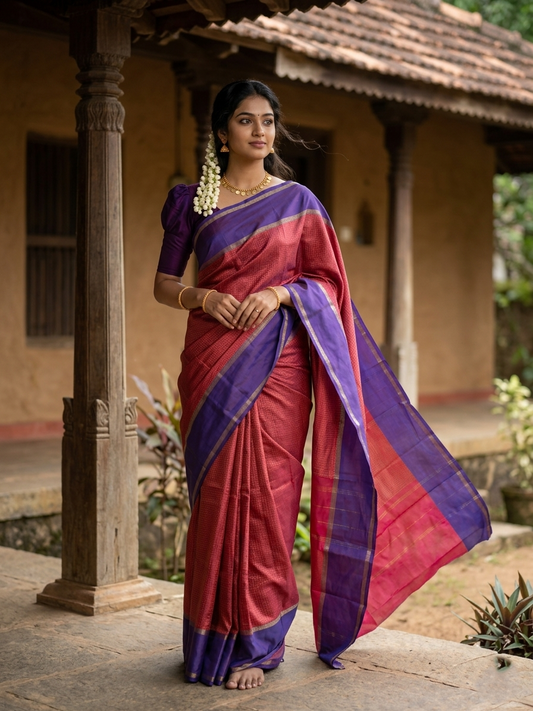 Southloom Semi Silk Saree with Micro Check on Body in Magenta And Violet