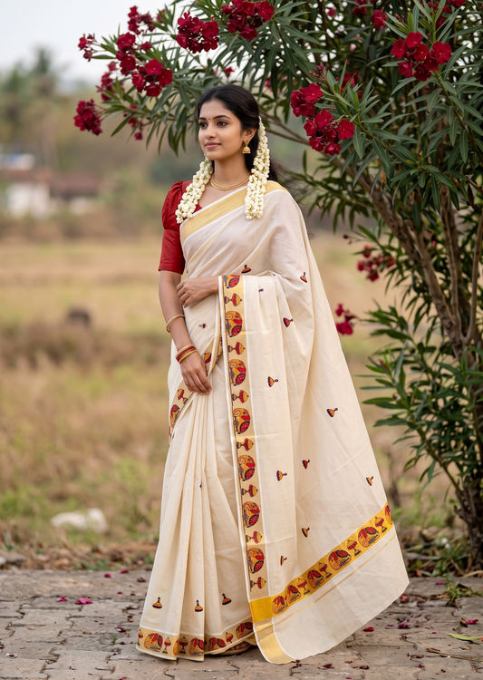 Southloom Tissue Kerala Kasavu Saree with Elephant Embroidery Design SL627