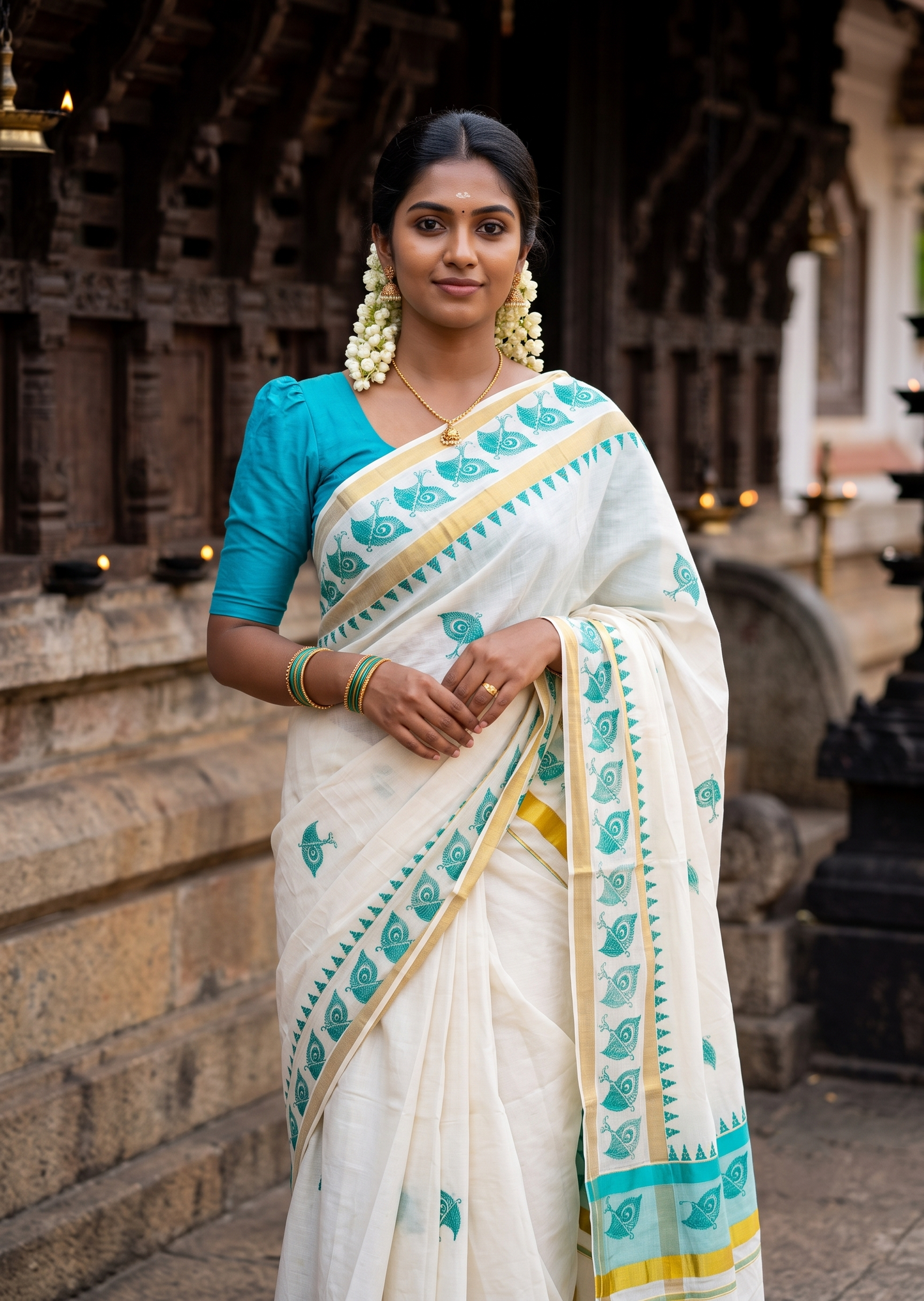 Southloom Cotton Kerala Kasavu Saree with Digital Print on Body With Temple Borders in Turquoise SL519