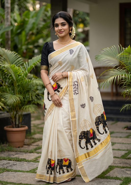 Southloom Kerala Cotton Kasavu Saree with Elephant Handpainted and Embroidery Work