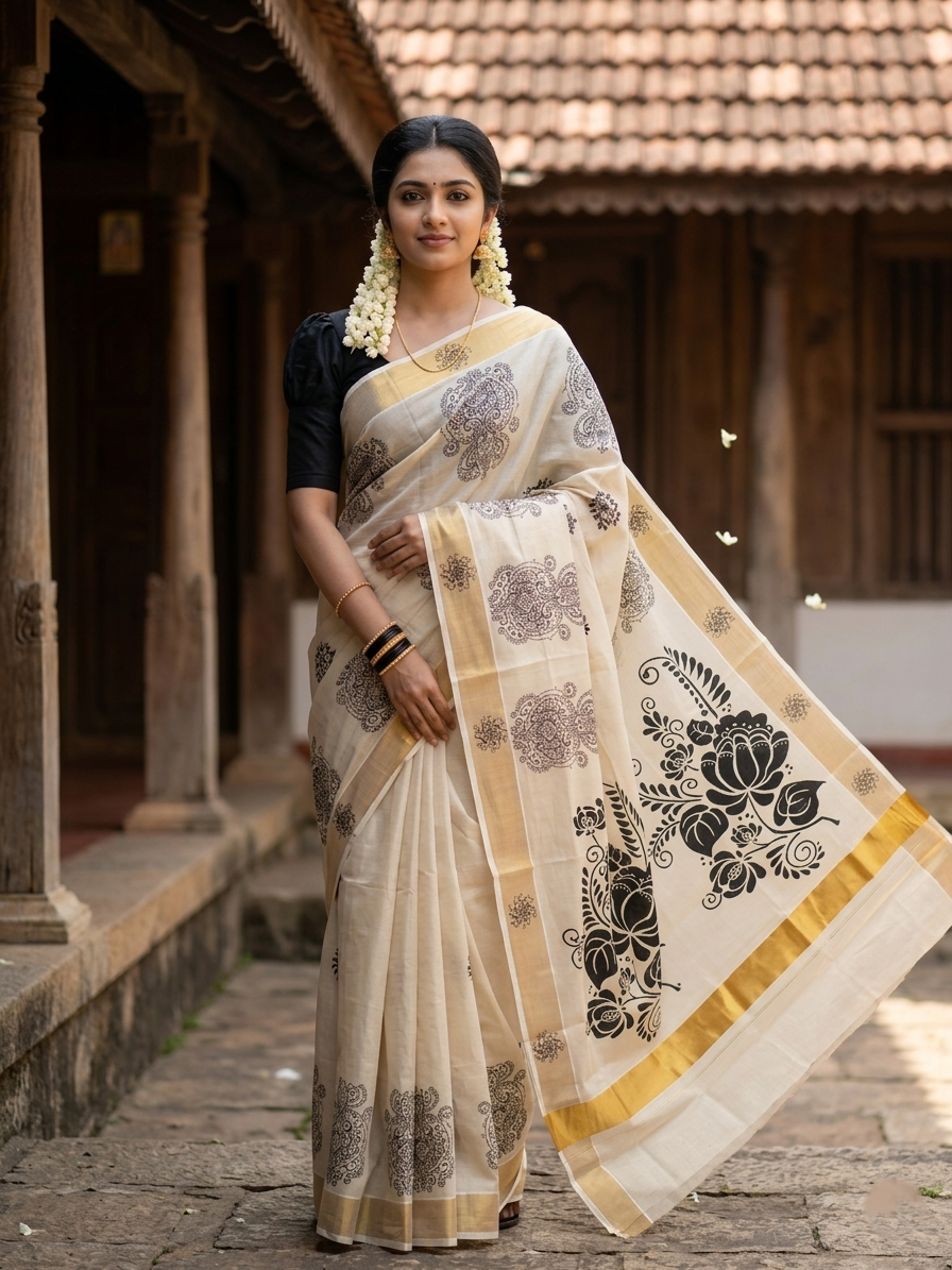 Kerala Tissue Kasavu Saree with Black Floral Block Printed Designs